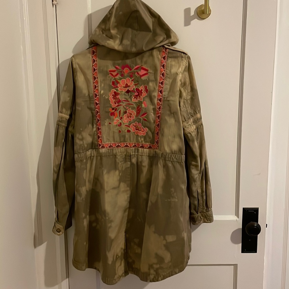 Acid wash floral long army Free People jacket, size 6